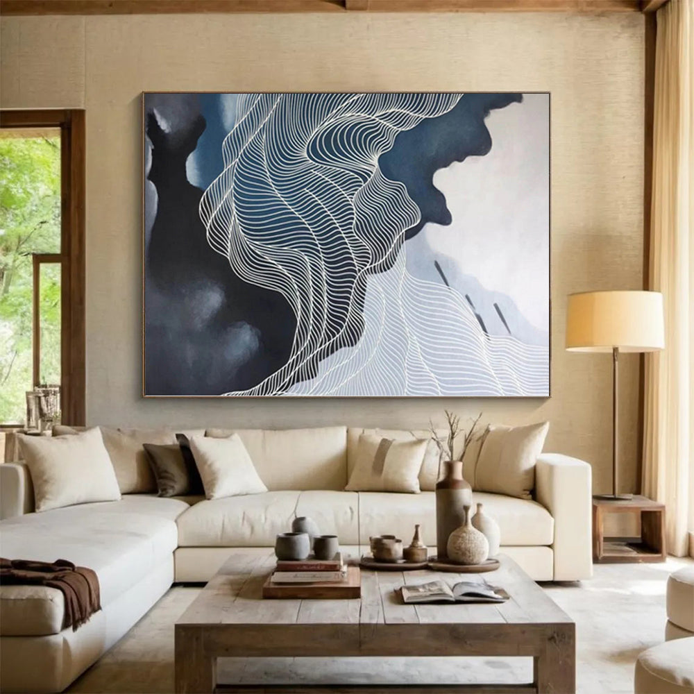 “Dark and Light Wavy White Lines”，Contrast - Focused Abstract Painting CT0358