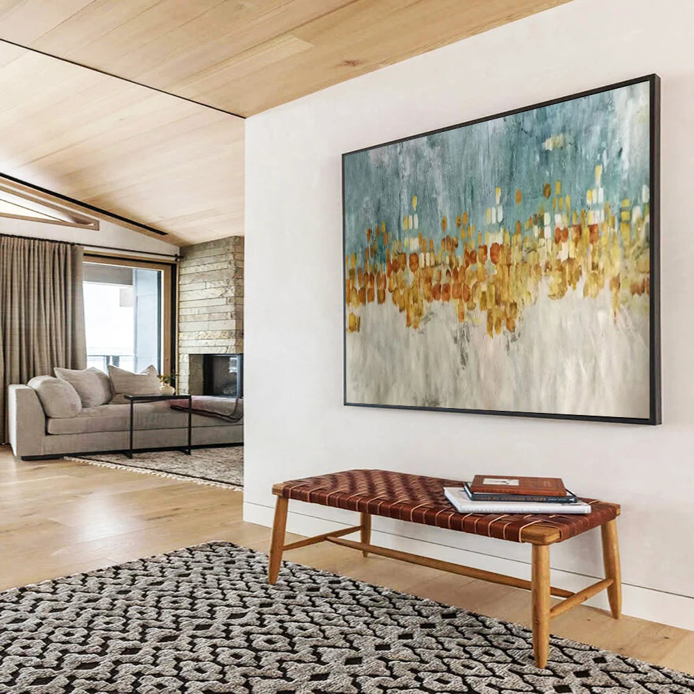 “Blue - Gold Urban Impression” - Blue, gray, gold, orange; blocky urban skyline CT1592