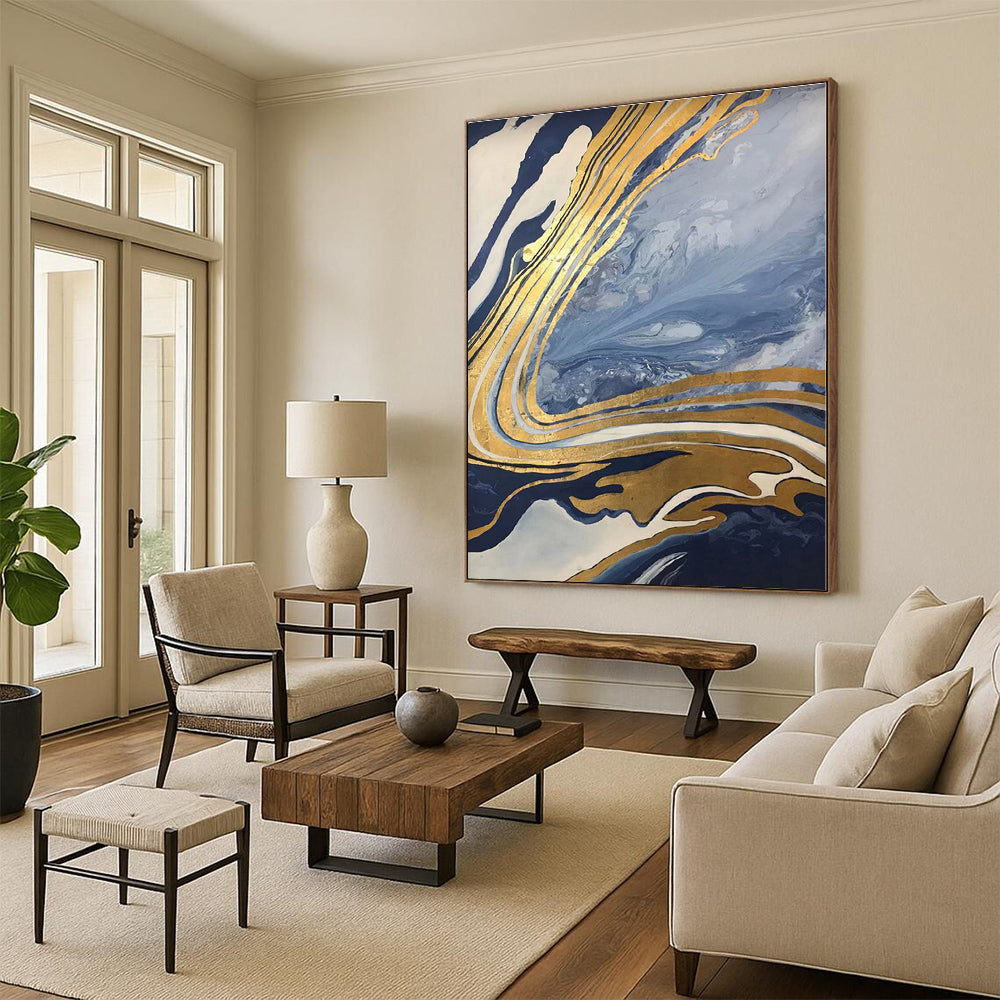 “Gold - Streaked Blue Swirls”，Marble - Inspired Abstract Resin Art CT0564