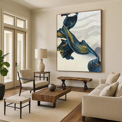 “Flowing Blue - Gold Ribbons” Abstract Acrylic Art CT0301
