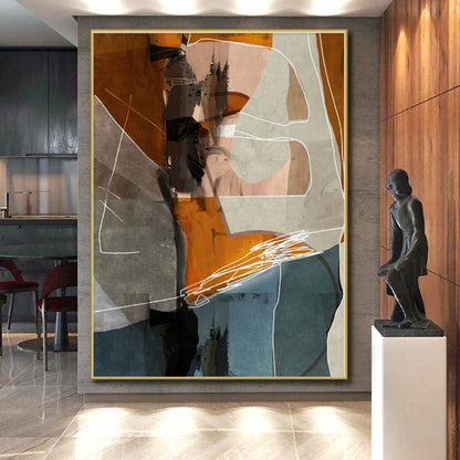 “Orange - Grey Geometric Collage”，Cubist - Inspired Abstract Mixed - Media Art CT0567