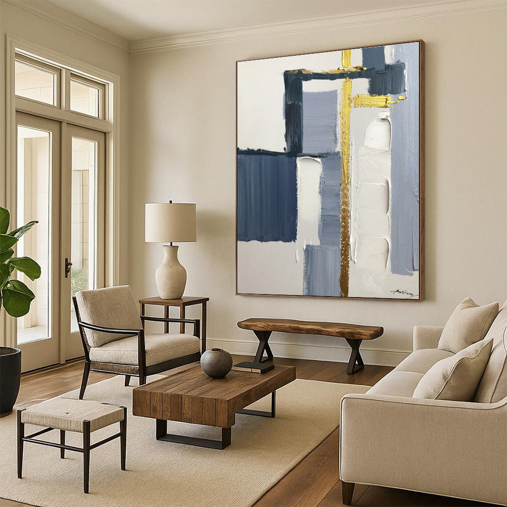 “Grey - Blue Geometry with Gold Accents”，Abstract Geometric Oil Painting CT0514