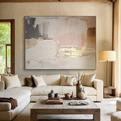 “Blush & Gold Layers” - Abstract Art with Pink, Gold, Gray, White CT0092