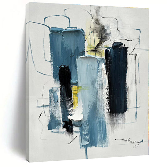 “Blue - Toned Abstract Forms with Lines”，Abstract Contemporary Acrylic Painting CT0516