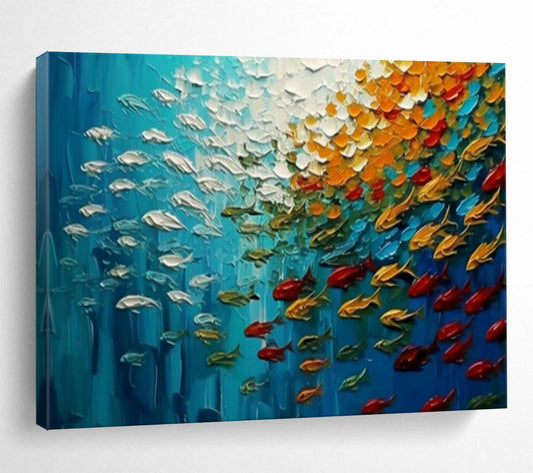 “Oceanic Symphony” – Deep blues, whites, oranges with thickly painted, swirling fish CT1689
