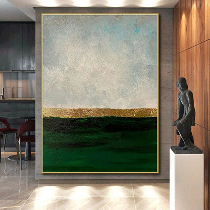 “Gold - Green - Grey Sea Horizon”，Minimalist Seascape Art CT0644