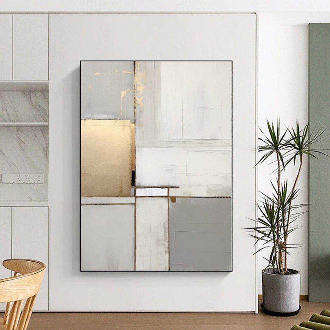 “Gold, Gray & White Blocks: Elegant Abstraction” - Abstract Elegant Painting CT0390