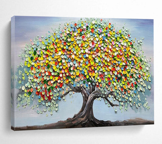 “Colorful Tree of Life” - A tree with a dark trunk and a canopy made of colorful, textured circles; set against a light blue sky CT1537