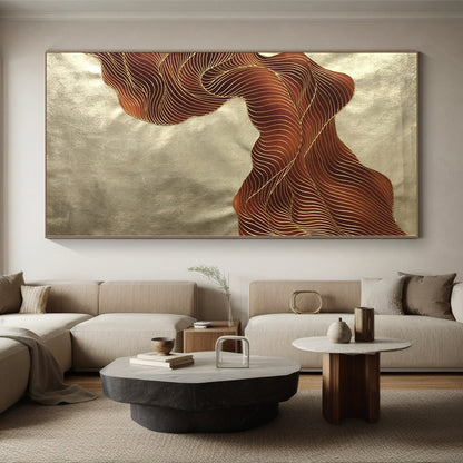 “Brown - Gold Wavy Lines”，Line - Based Abstract Painting CT0347
