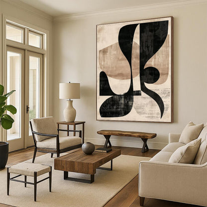 “Black & Beige Abstract Shapes: Retro Geometry” - Abstract Geometric Painting CT0385