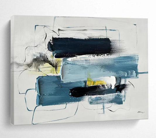 “Blue - Black Abstract Mix” - Blue, black, white, yellow; abstract shapes and lines CT1561