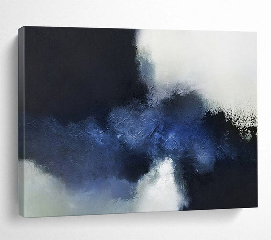 Abstract painting with large blocks of dark blue, light blue, and white CT1661