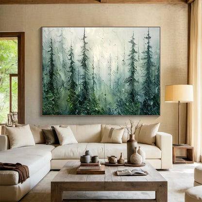 “Misty Forest Whispers” - Greens, blues, whites; textured, atmospheric forest scene CT1600