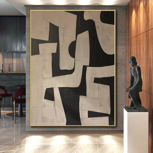 “Geometric Contrast” - Abstract Painting with Black, White Shapes CT0100