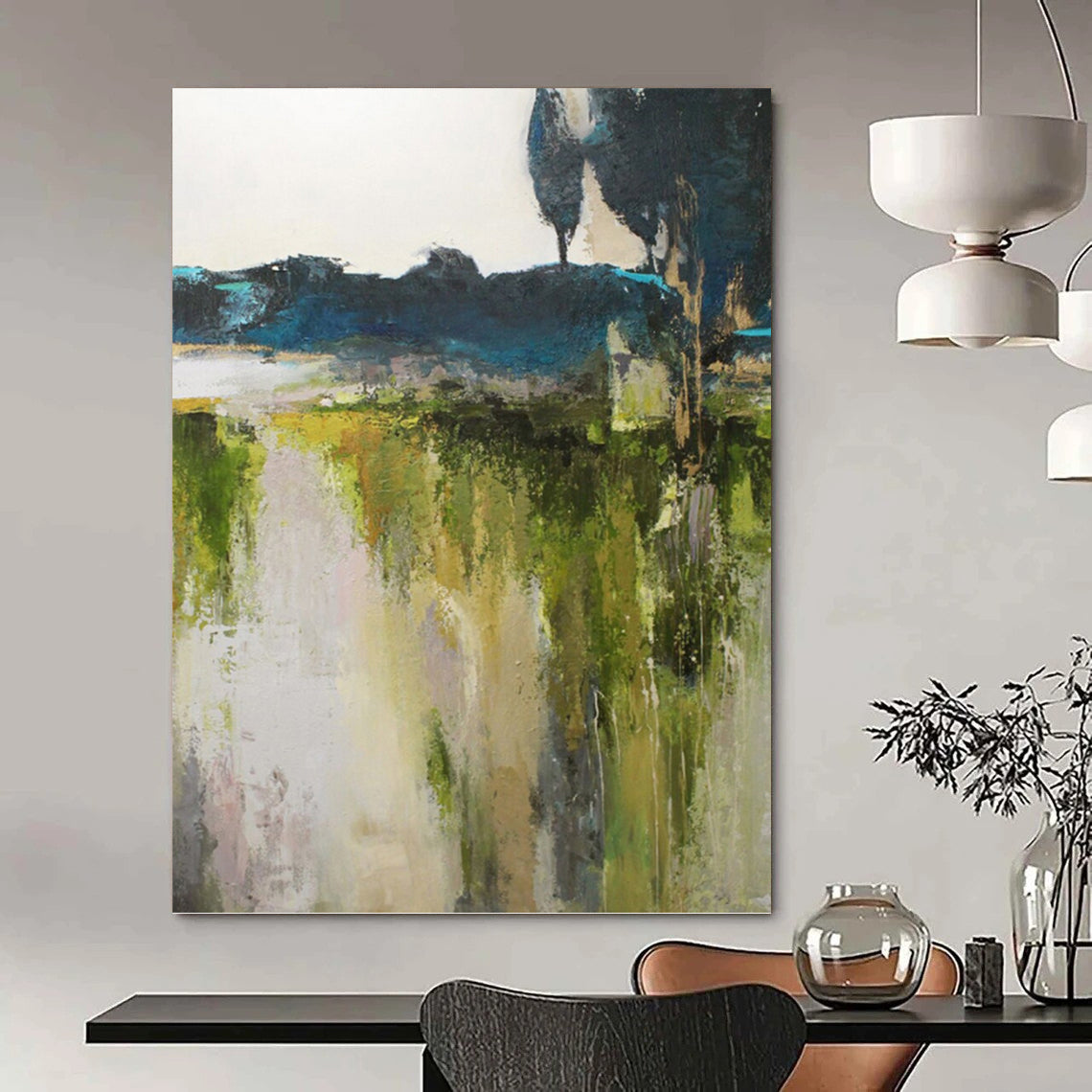 “Abstract Landscape Revisited” - Green, Blue, Gray & White Nature - Inspired Painting On Canvas DKH1022