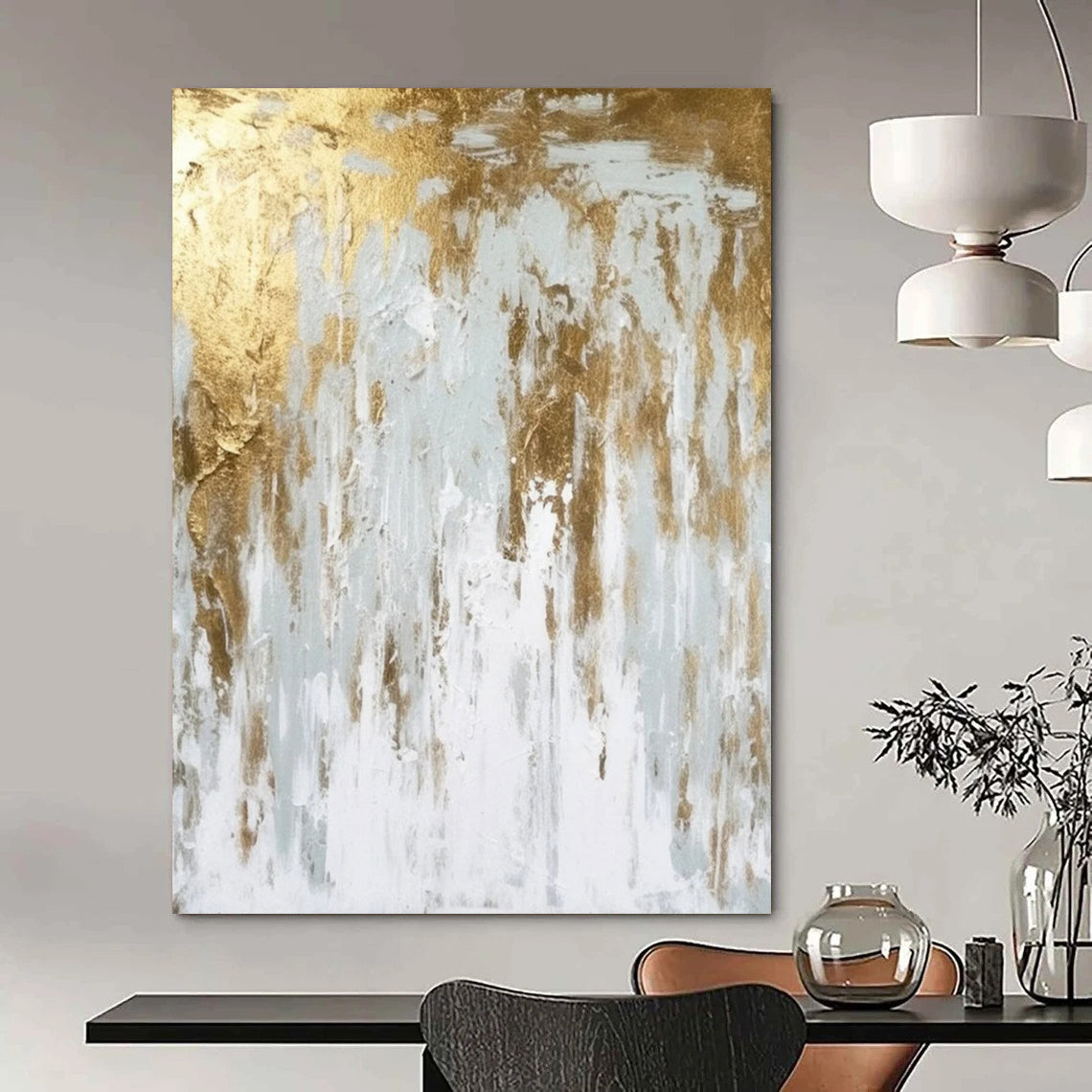 “White - Gold Abstract Drip” - Abstract Expressionist Painting On Canvas DTP074