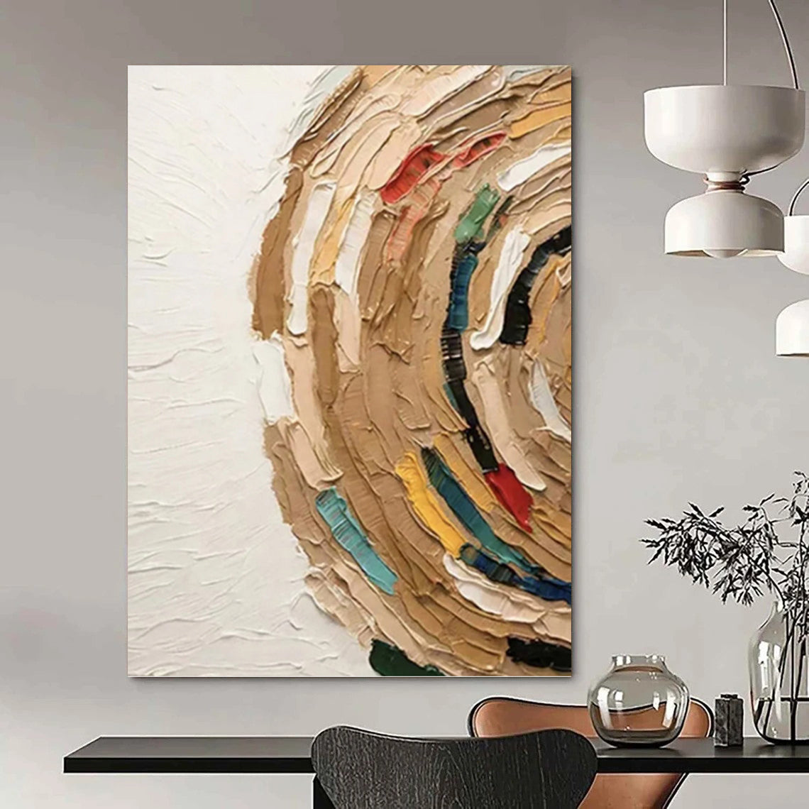“Textured Circular Abstract with Earth Tones and Colorful Accents” - Impasto - Style Painting On Canvas DKH1118
