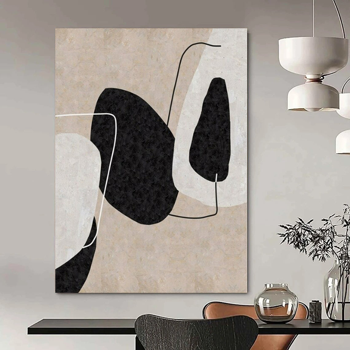“Beige - Black - White Geometric Forms” – Geometric Abstract Painting CT1152
