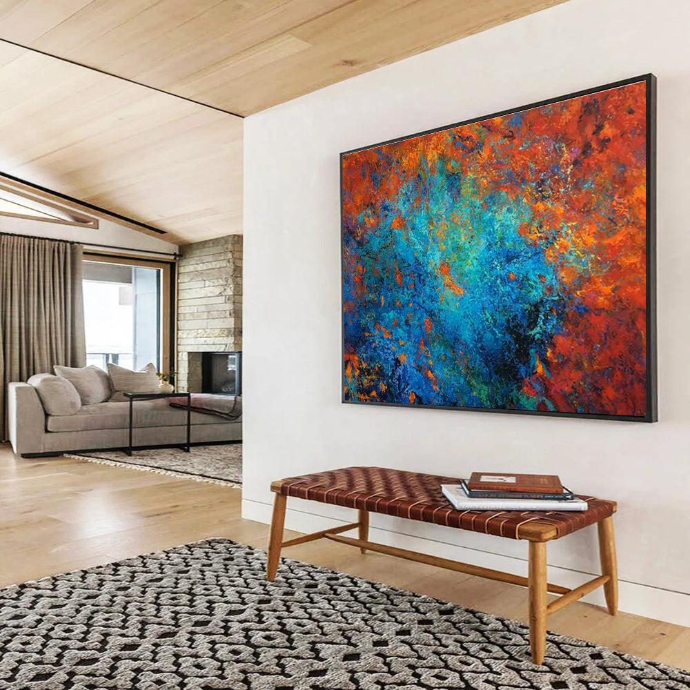 “Fiery Blue Core” - Red, Blue, Orange Abstract Oil Painting On Canvas DKH723