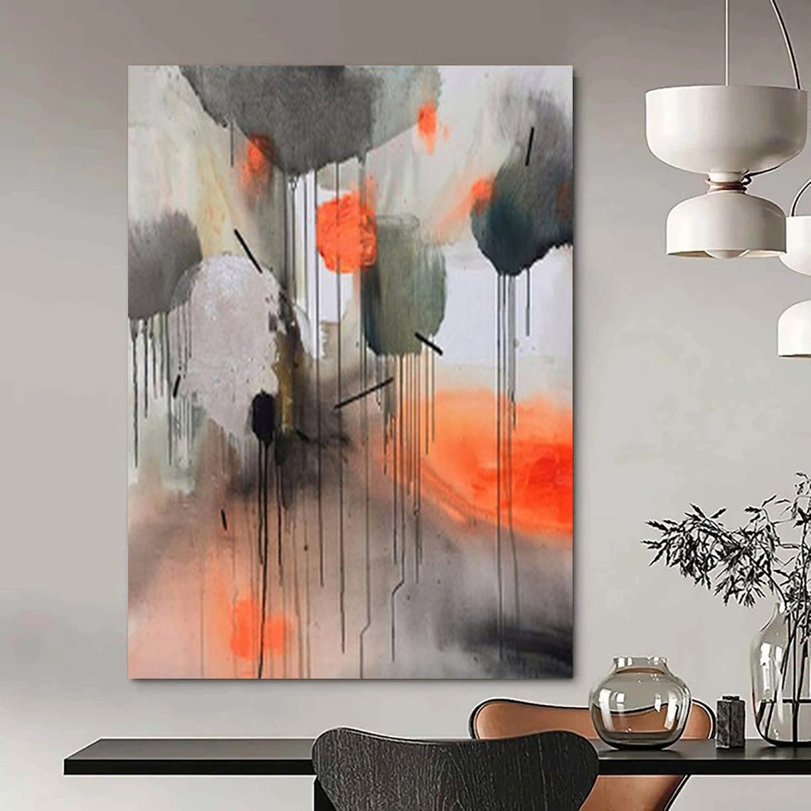 “Gray, Orange, Ink Dripping Abstraction” – Abstract Expressionist Painting CT1005
