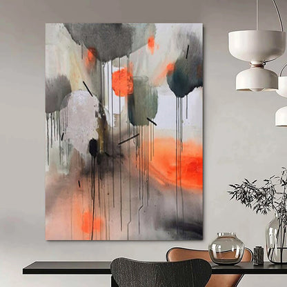 “Gray, Orange, Ink Dripping Abstraction” – Abstract Expressionist Painting CT1005