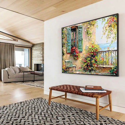 “Mediterranean Escape” - Green, Yellow, Red Floral & Architectural Oil Painting On Canvas DKH692