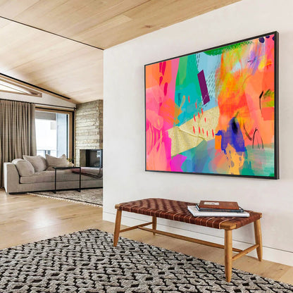 Vibrant Mixed - Media Abstract in Neon and Gold Painting On Canvas DKH199