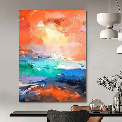 “Vibrant Orange & Turquoise Abstract Seascape” – Abstract Oil Painting On Canvas CT2114