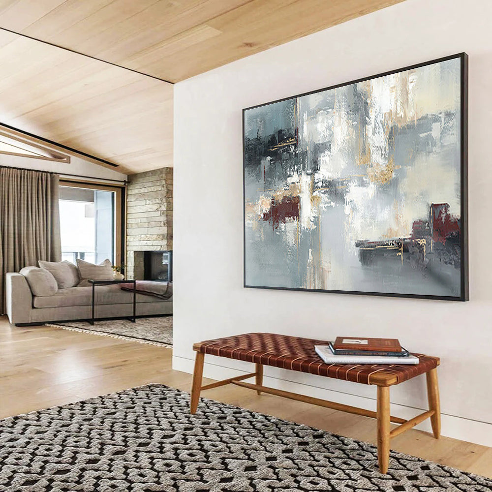 “Gray, Gold & Red Abstract Fusion” Abstract Expressionist Painting On Canvas DKH352