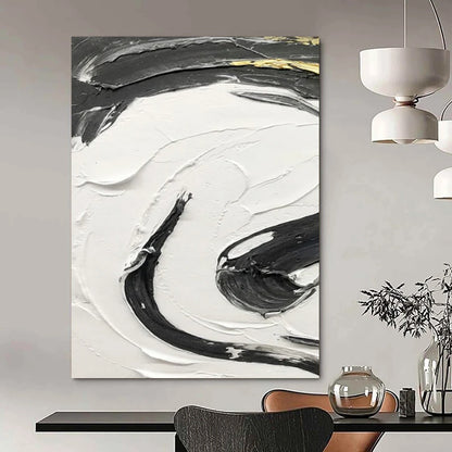 “Black, White, Gold Textured Swirls ‘Opulent Energy’” - Impasto Abstract Painting On Canvas DTP378