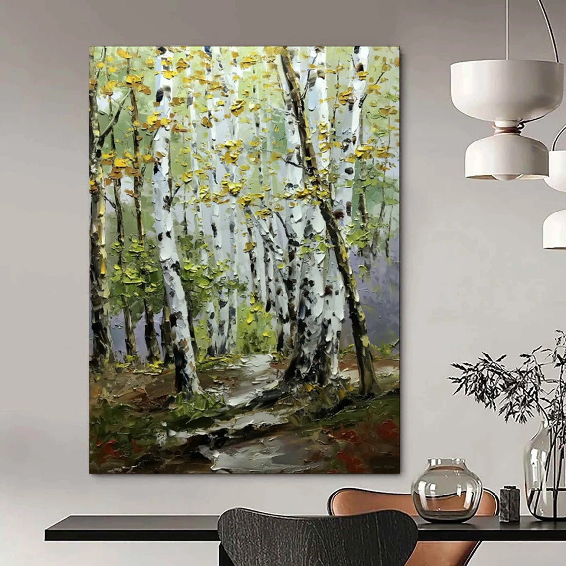 “Golden - Hued Birch Forest Path” – Impasto Landscape Oil CT2093