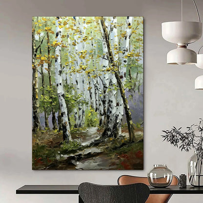 “Golden - Hued Birch Forest Path” – Impasto Landscape Oil CT2093