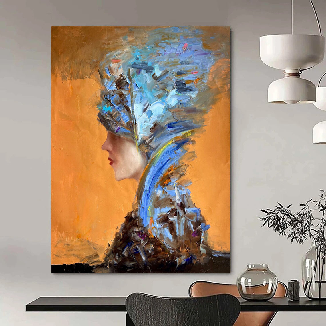 “Orange, Blue, Brown Textured Portrait ‘Eccentric Elegance’” - Impasto Figurative Painting On Canvas DTP348