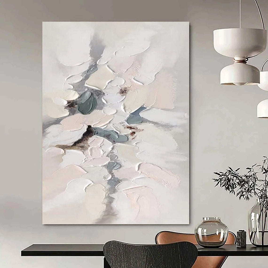 “Soft Impasto Blooms” - White, Gray & Blue Textured Abstract Painting On Canvas DKH1174