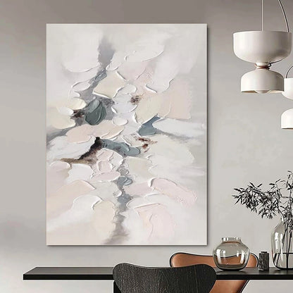“Soft Impasto Blooms” - White, Gray & Blue Textured Abstract Painting On Canvas DKH1174