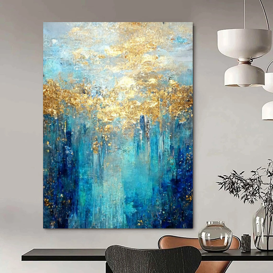 “Turquoise - Gold Abstract Forest” - Abstract Expressionist Painting On Canvas DTP065