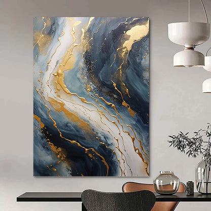 “Blue & Gold Marbled Flow” - Fluid Abstract Painting On Canvas DKH1599