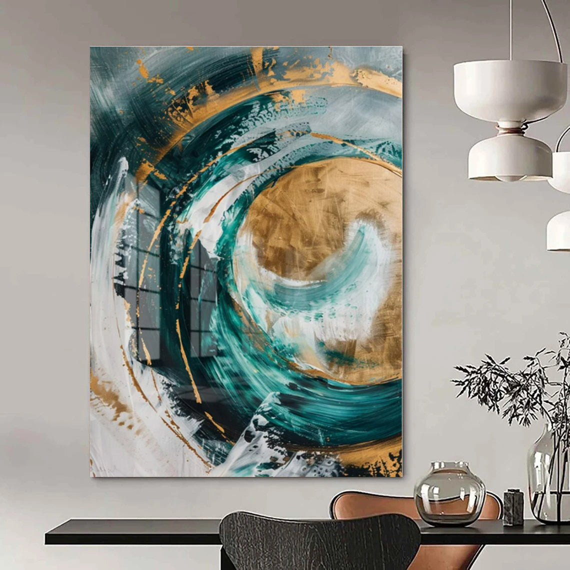 Teal & Gold Swirl: Reflective Abstraction - Abstract Metallic Acrylic CT1250