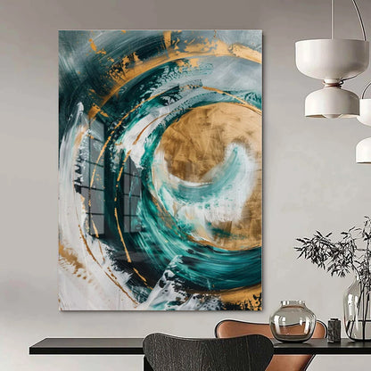 Teal & Gold Swirl: Reflective Abstraction - Abstract Metallic Acrylic CT1250