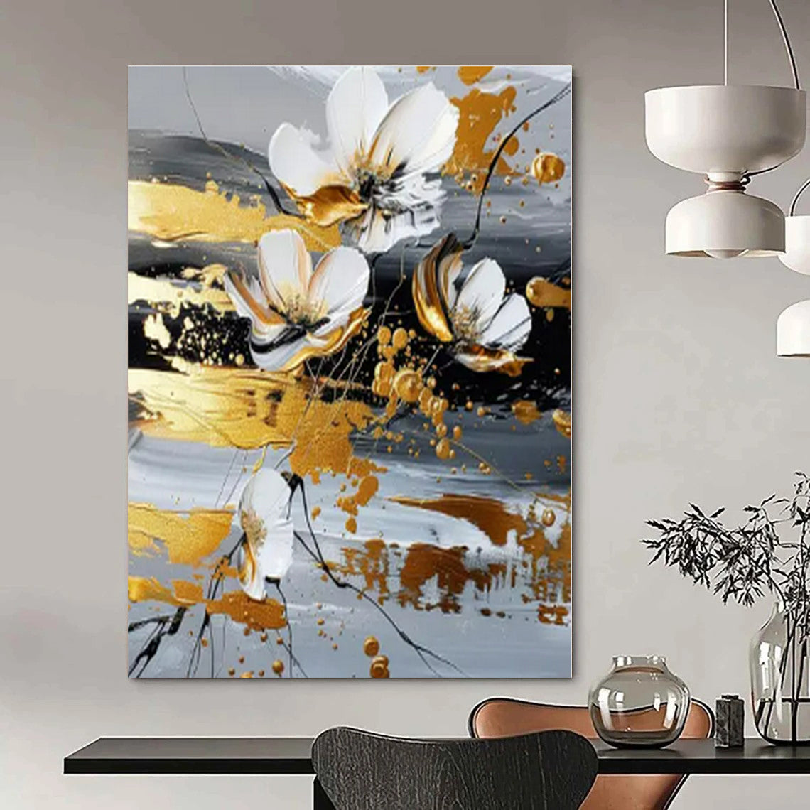 Gold - Accented White Flowers II - Abstract Floral Mixed - Media CT1255