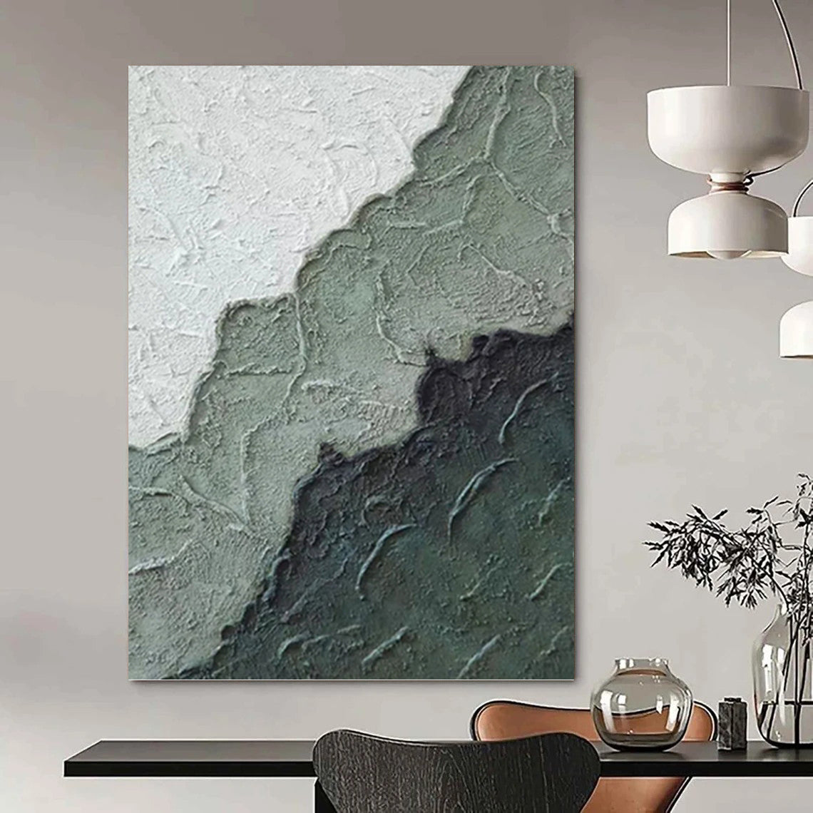 “Textured Green & Gray Mountains” - Green, Gray & Black Textured Abstract Landscape Painting On Canvas DKH1212