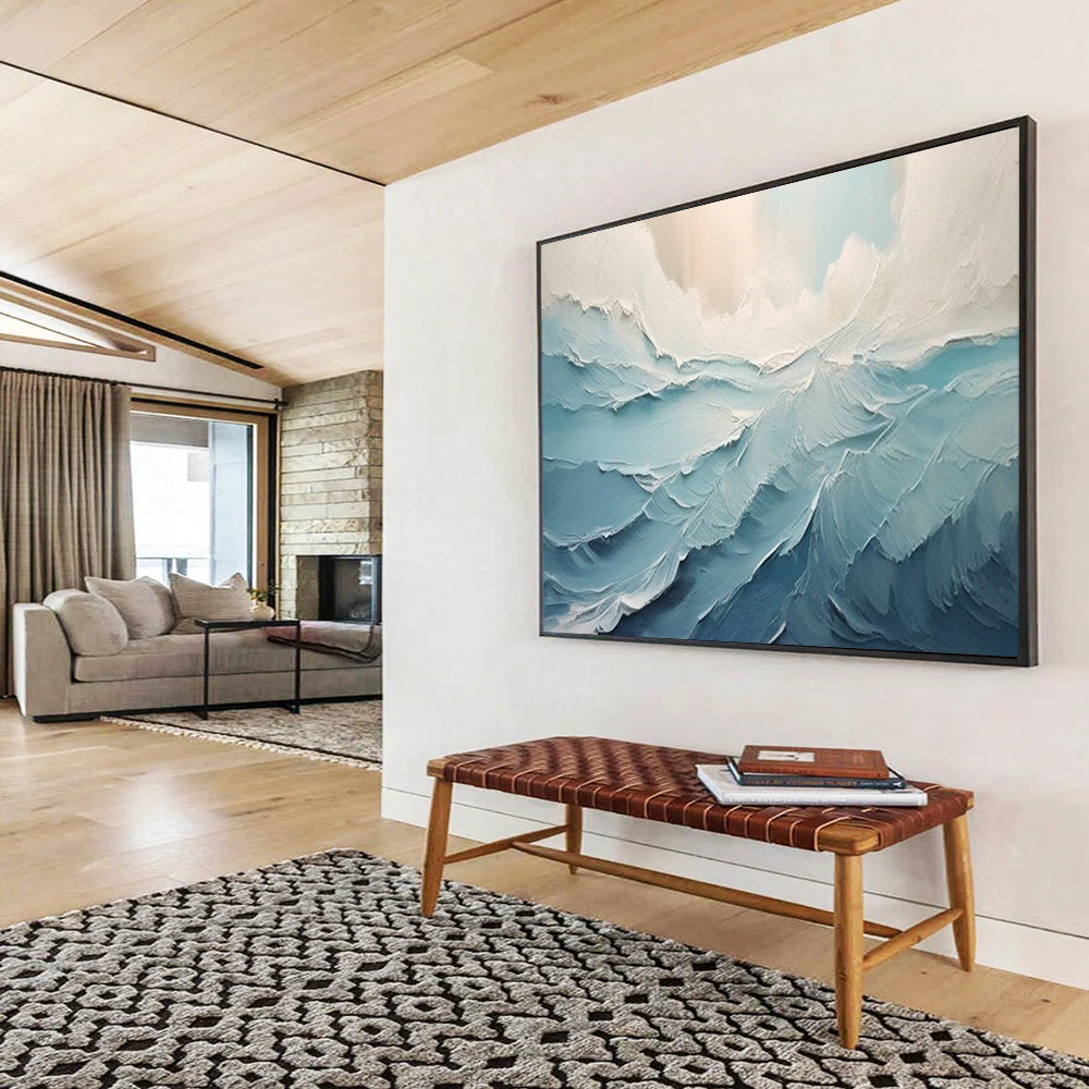 Blue and White Textured Waves - Impasto Seascape Painting On Canvas DLZ227