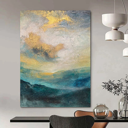 “Gold, Blue, Gray Hazy Landscape” – Abstract Landscape Painting CT1004