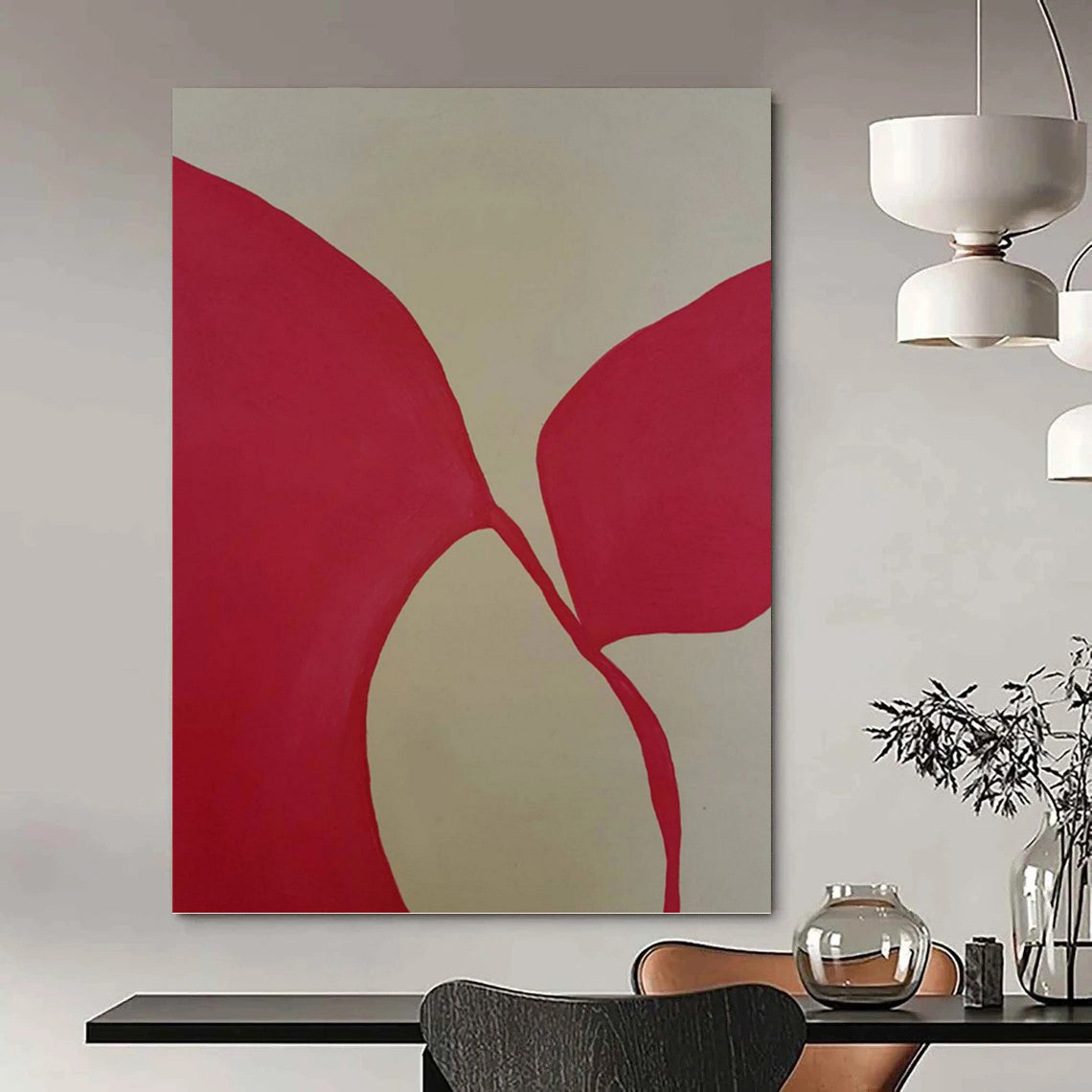 “Red Petal - like Forms on Light Background” - Minimalist Abstract Painting On Canvas DKH1080