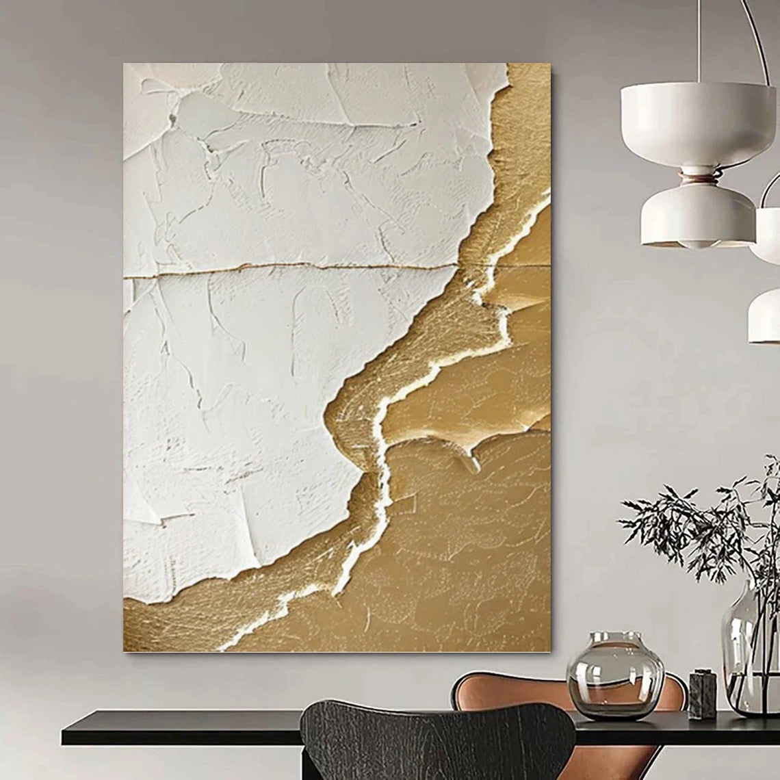 “White & Gold Textured Abstract Tear” Painting On Canvas DKH0986