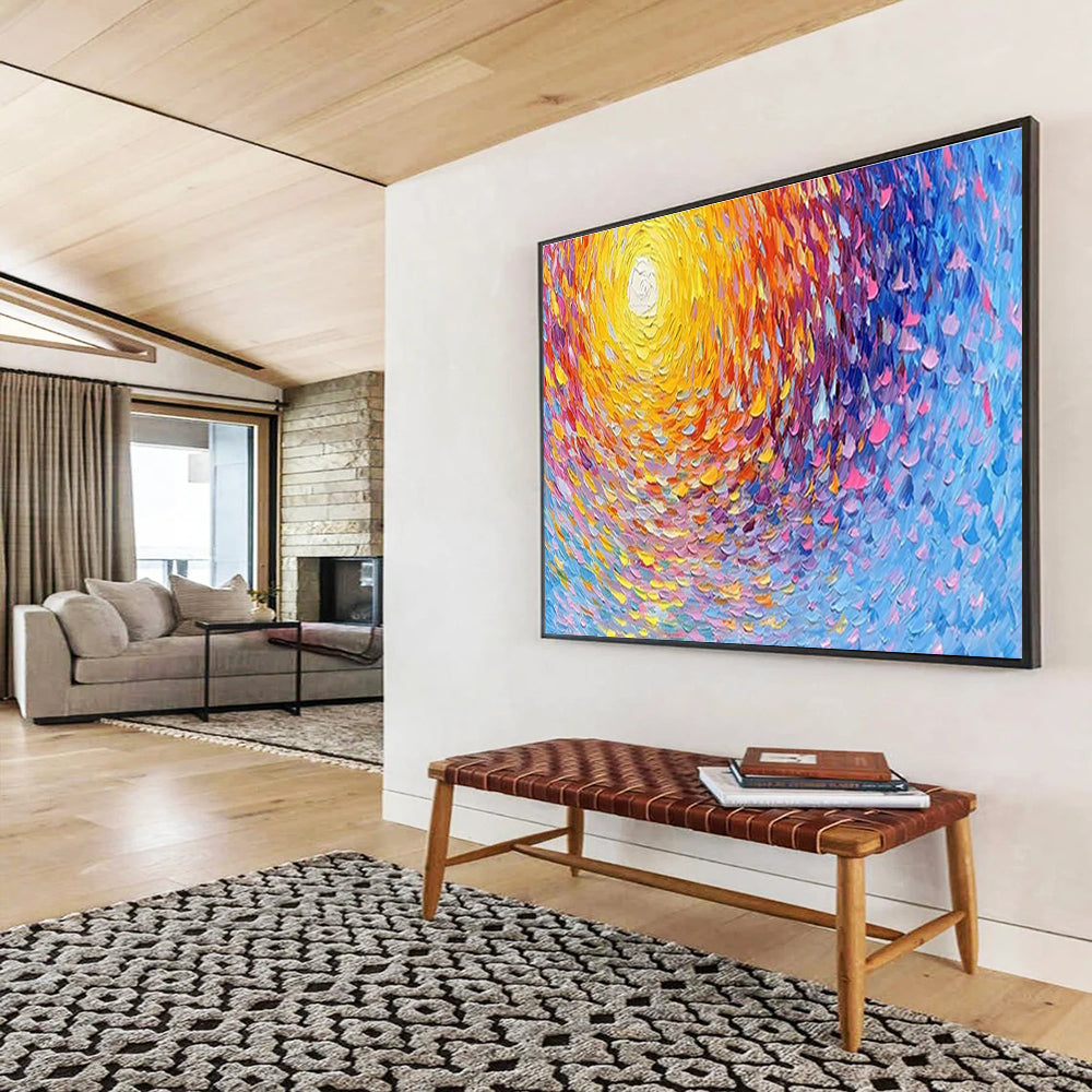 Colorful Spiral Sun - Yellow, Orange & Blue Abstract Painting On Canvas DKH881