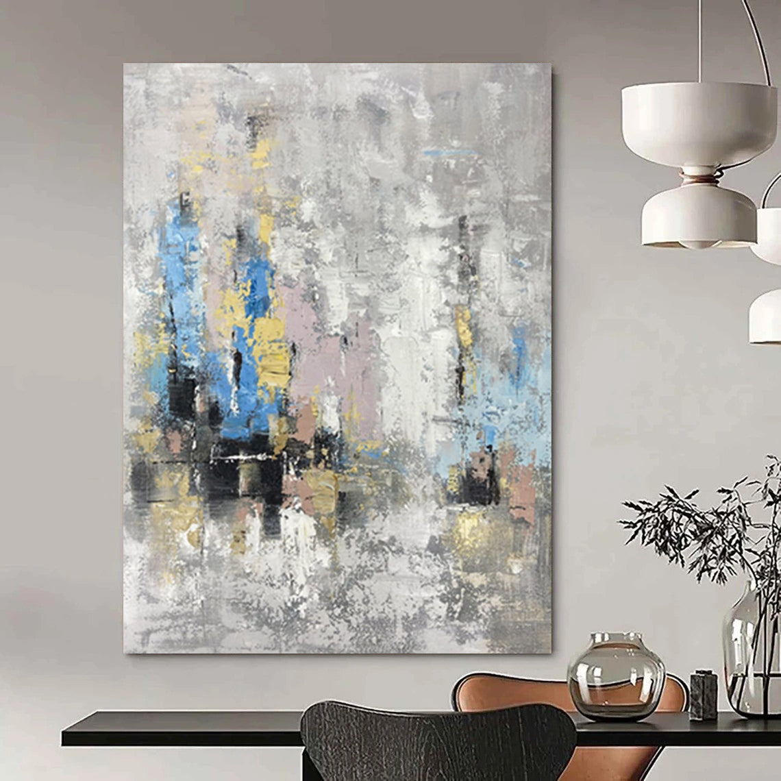 “Gray and Colorful Abstract City” - Gray, Blue, Yellow, Pink Abstract Painting On Canvas DTP248