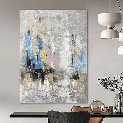 “Gray and Colorful Abstract City” - Gray, Blue, Yellow, Pink Abstract Painting On Canvas DTP248