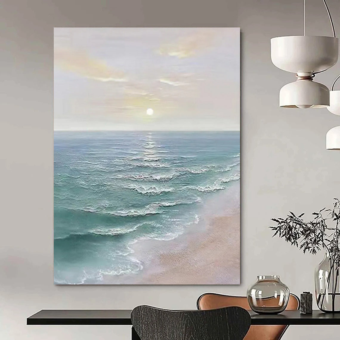 “Pastel, Blue, White Sunset Sea ‘Dreamy Dusk’” - Impasto Seaside Sunset Painting On Canvas DTP350