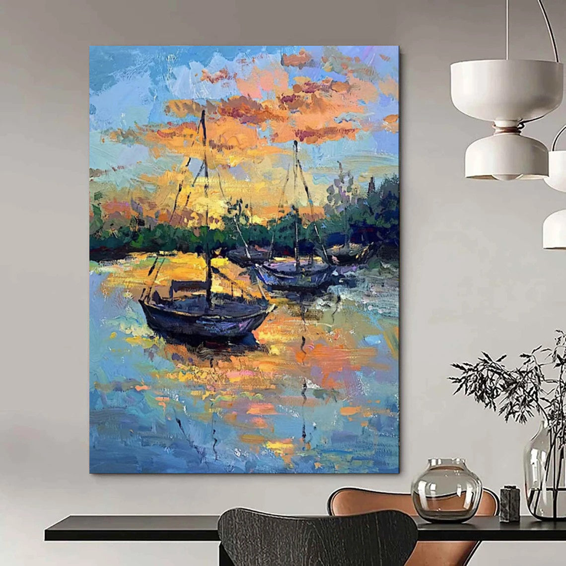 “Harbor Glow: Boats in Golden Light” - Impasto Landscape Oil on Canvas CT1894